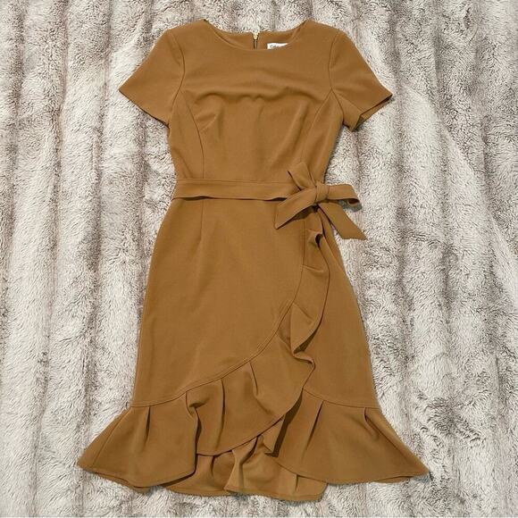 New Calvin Klein Tan Brown Short Sleeve Ruffle Wrap Dress - Picture 2 of 6